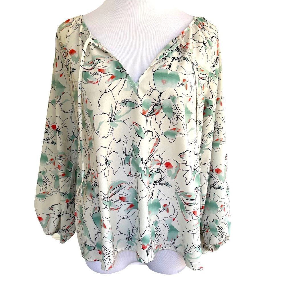 Sanctuary Lightweight Boho Watercolor Floral Peasant Style Blouse with Tassel S